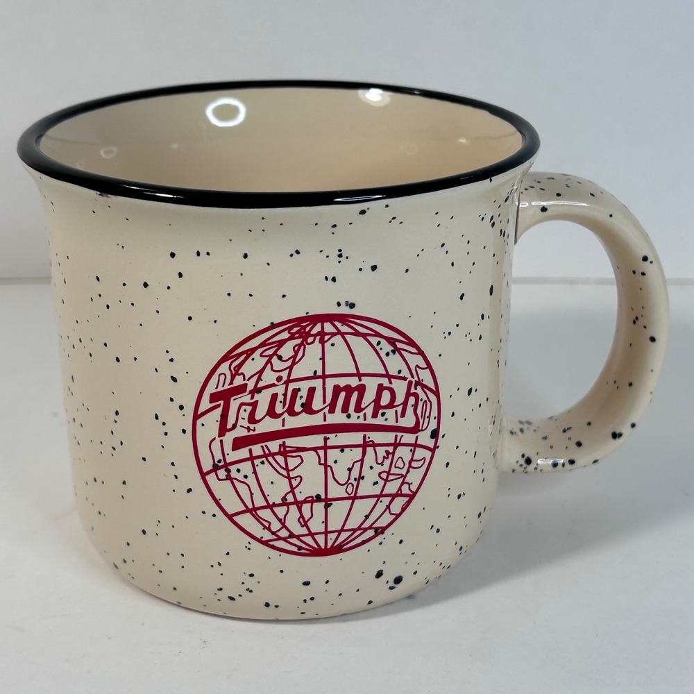 Triumph‎ Motors Campfire Coffee Mug Cream Red Speckled Ceramic Globe Logo